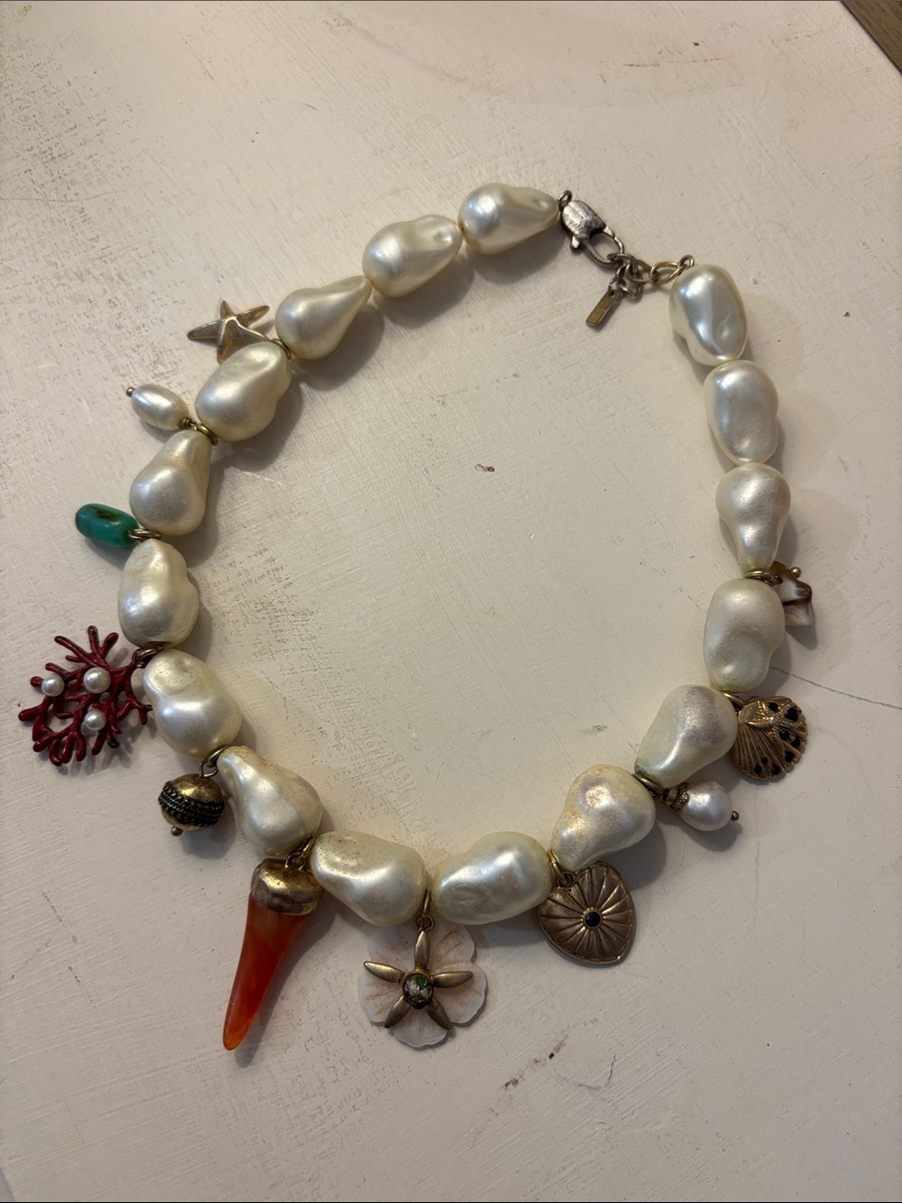 Zara Pearl Charm Statement Necklace with Coral & Shell Accents